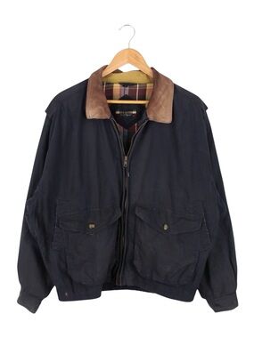 Vintage New River Leather Collar Field Jacket Plaid Lined Navy Men's Large